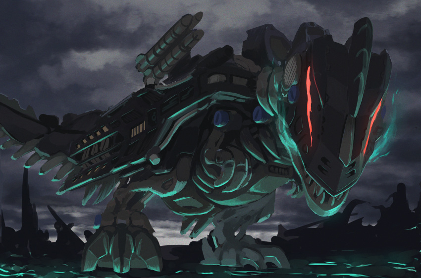 absurdres alkham dinosaur glowing glowing_eyes highres huge_filesize leaning_forward looking_at_viewer looking_down mecha no_humans omega_rex red_eyes science_fiction solo zoids zoids_wild zoids_wild_zero