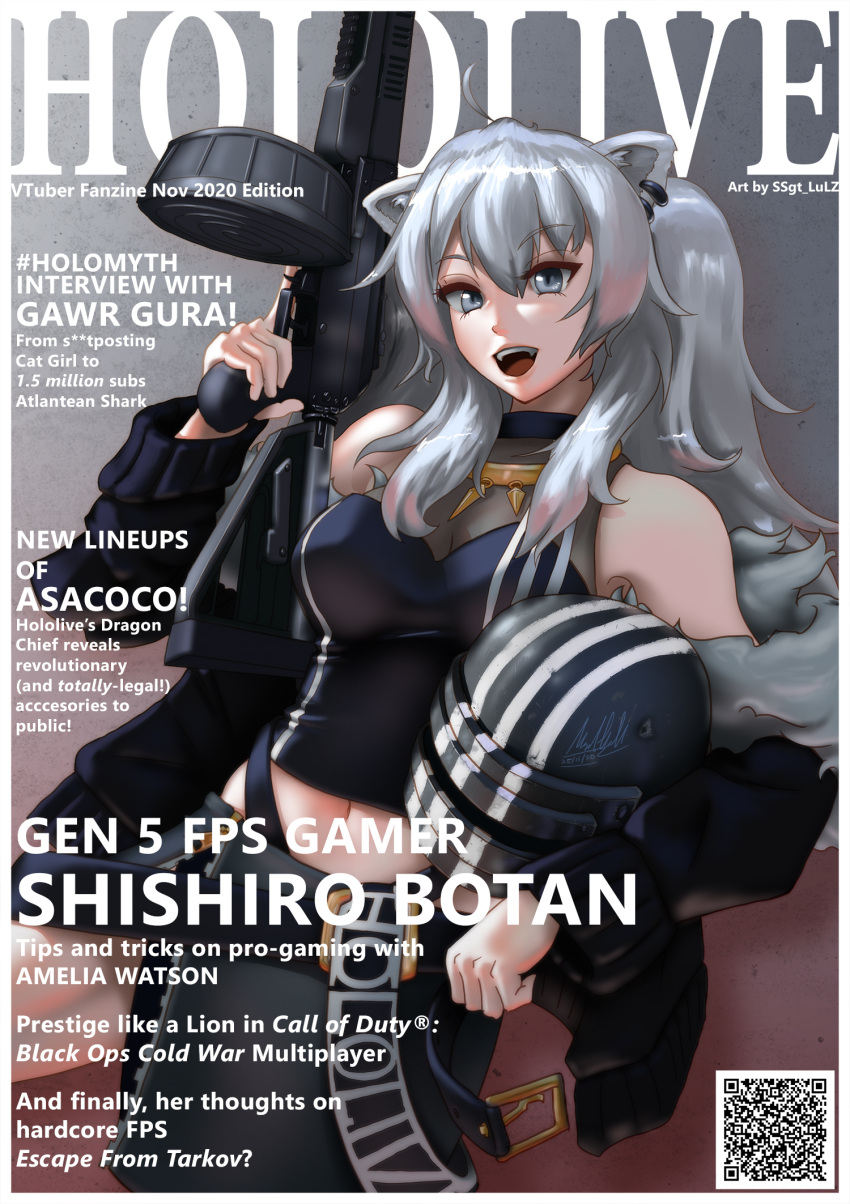 1girl adidas animal_ears artist_name assault_rifle bare_shoulders belt belt_buckle black_jacket black_pants breasts buckle commentary cosplay cover crossover drum_magazine english_commentary english_text escape_from_tarkov eyebrows_visible_through_hair fake_magazine_cover fangs fur-trimmed_jacket fur_trim grey_eyes gun hair_between_eyes highres hololive jacket jewelry killa_(escape_from_tarkov) killa_(escape_from_tarkov)_(cosplay) killa_helmet large_breasts lion_ears lion_girl long_hair looking_at_viewer magazine_cover navel necklace open_mouth pants profanity qr_code rifle rpk-16 shirt shishiro_botan silver_hair solo ssgt-lulz trigger_discipline virtual_youtuber weapon zipper
