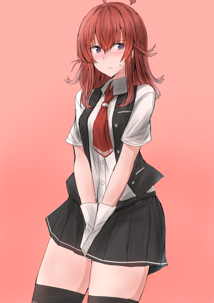 1girl ahoge arashi_(kantai_collection) black_legwear black_skirt black_vest brown_eyes commentary_request dress_shirt gloves highres kamaboko_senshi kantai_collection medium_hair neckerchief pleated_skirt red_neckwear redhead school_uniform shirt sideways_glance skirt solo standing thigh-highs v_arms vest white_gloves white_shirt