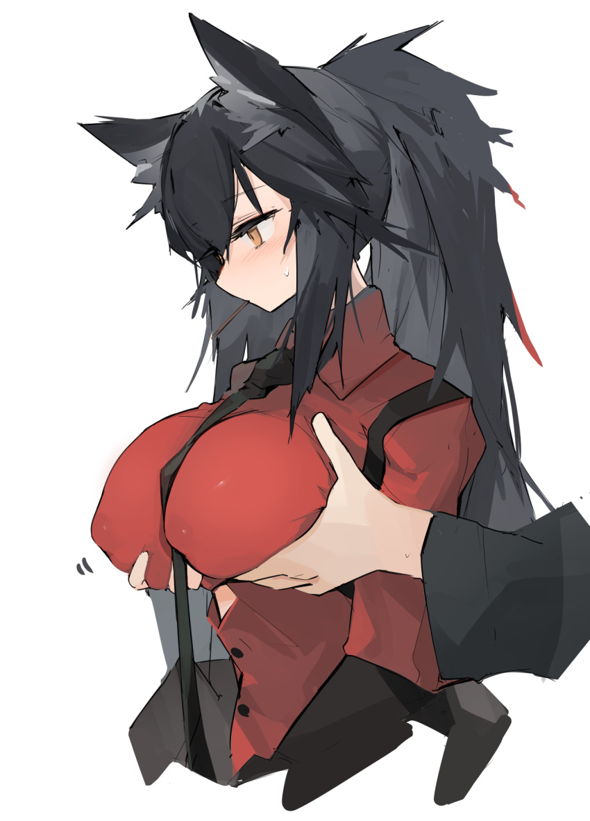 1girl alternate_breast_size animal_ears arknights black_hair black_jacket blush breast_grab breasts button_gap closed_mouth collared_shirt commentary covered_nipples dress_shirt eyebrows_visible_through_hair food formal from_side grabbing grabbing_from_behind grey_background hair_between_eyes highres jacket large_breasts long_hair mikojin mouth_hold necktie off_shoulder open_clothes open_jacket orange_eyes pocky ponytail profile red_neckwear red_shirt shirt simple_background solo_focus suit sweatdrop texas_(arknights) texas_(willpower)_(arknights) upper_body white_background wing_collar wolf_ears