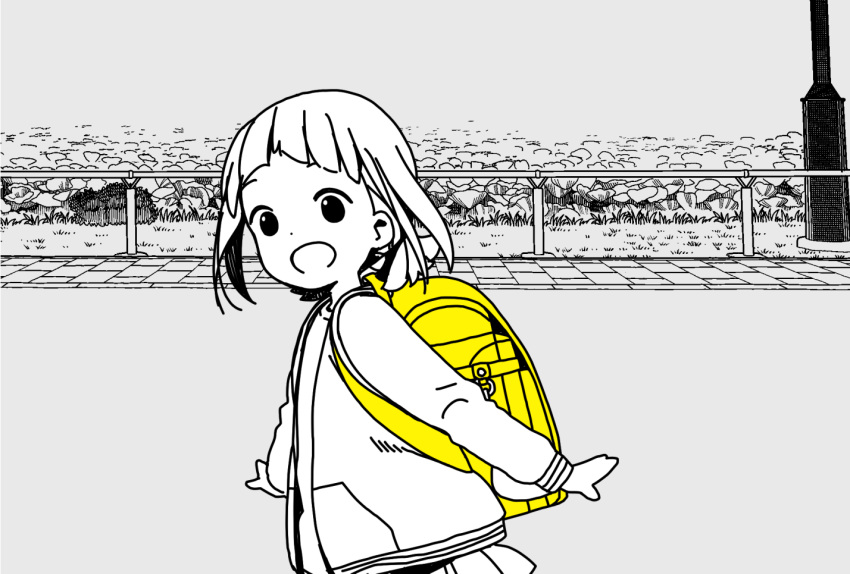 1girl :d arms_at_sides backpack bag bangs blunt_bangs commentary_request disconnected_mouth dot_nose grass grey_background greyscale happy jacket katsuwo_(cr66g) kise_sacchan long_sleeves looking_to_the_side mitsuboshi_colors monochrome open_mouth outdoors plant pleated_skirt randoseru road shirt short_hair skirt smile solo spot_color street upper_body