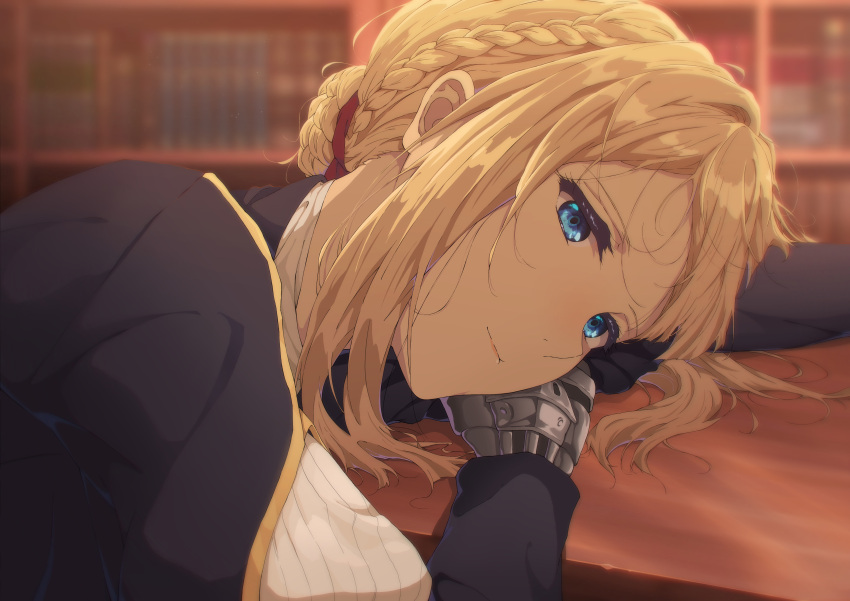1girl absurdres blonde_hair blue_dress blue_eyes braid braided_bun closed_mouth dress highres juliet_sleeves long_sleeves lying nanashi_ato on_table prosthetic_hand puffy_sleeves red_ribbon ribbon short_hair solo table upper_body violet_evergarden violet_evergarden_(character)