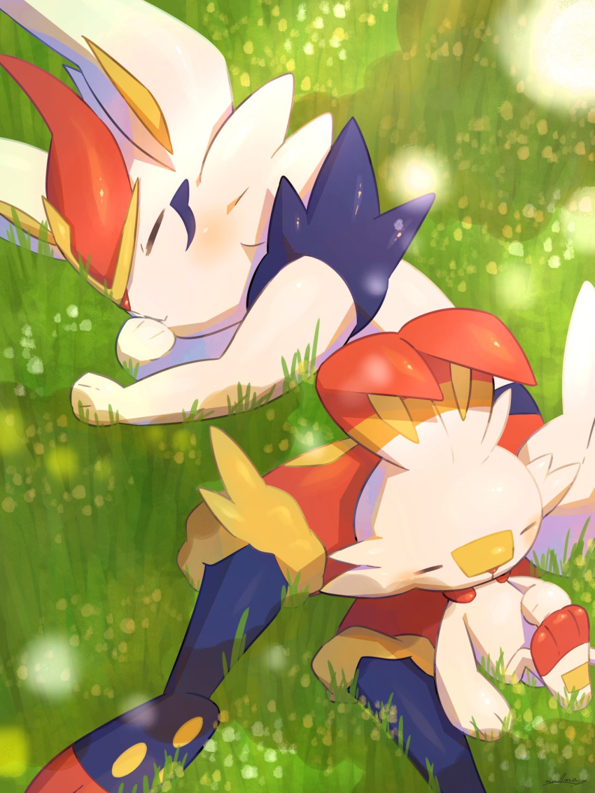 blush cinderace closed_eyes closed_mouth from_above gen_8_pokemon grass highres lying nullma on_side paws pokemon pokemon_(creature) scorbunny sleeping starter_pokemon toes