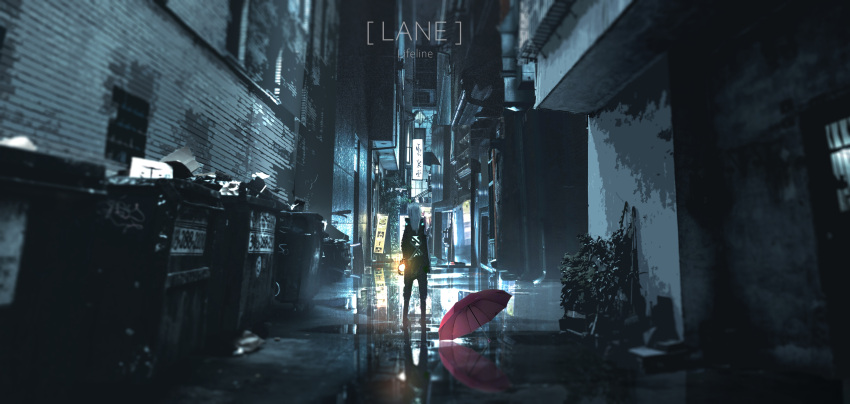 1girl absurdres alley building city city_lights cityscape from_behind grey_hair highres hood hoodie lifeline_(a384079959) medium_hair night original outdoors puddle reflection scenery standing tree umbrella