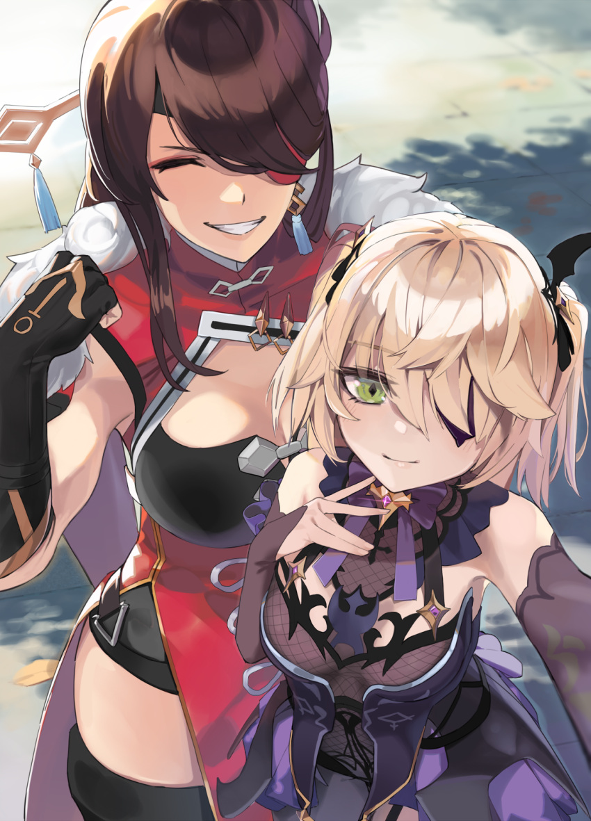 2girls bangs bare_shoulders beidou_(genshin_impact) black_gloves blonde_hair blush bodystocking bow breasts brown_hair cleavage_cutout closed_eyes clothing_cutout dress eyepatch fingerless_gloves fischl_(genshin_impact) flexing genshin_impact gloves green_eyes grin hair_ornament hair_over_one_eye hair_stick highres large_breasts lempika long_hair looking_at_viewer medium_breasts multiple_girls one_eye_covered pose purple_bow purple_neckwear red_dress red_eyepatch self_shot sidelocks smile two_side_up