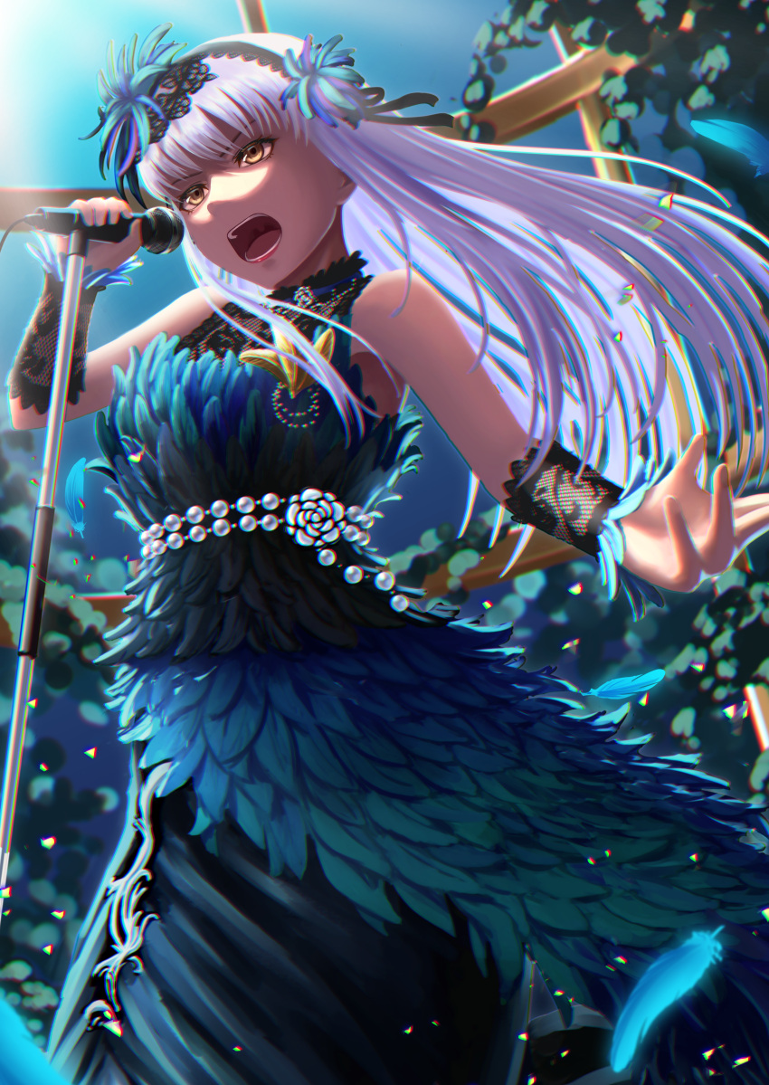1girl absurdres alkham bang_dream! bangs black_hairband blue_dress brown_eyes dress eyebrows_visible_through_hair feather_dress feathers floating_hands hairband head_tilt highres holding holding_microphone_stand huge_filesize long_hair microphone microphone_stand minato_yukina music open_mouth singing sleeveless sleeveless_dress solo v-shaped_eyebrows wrist_cuffs