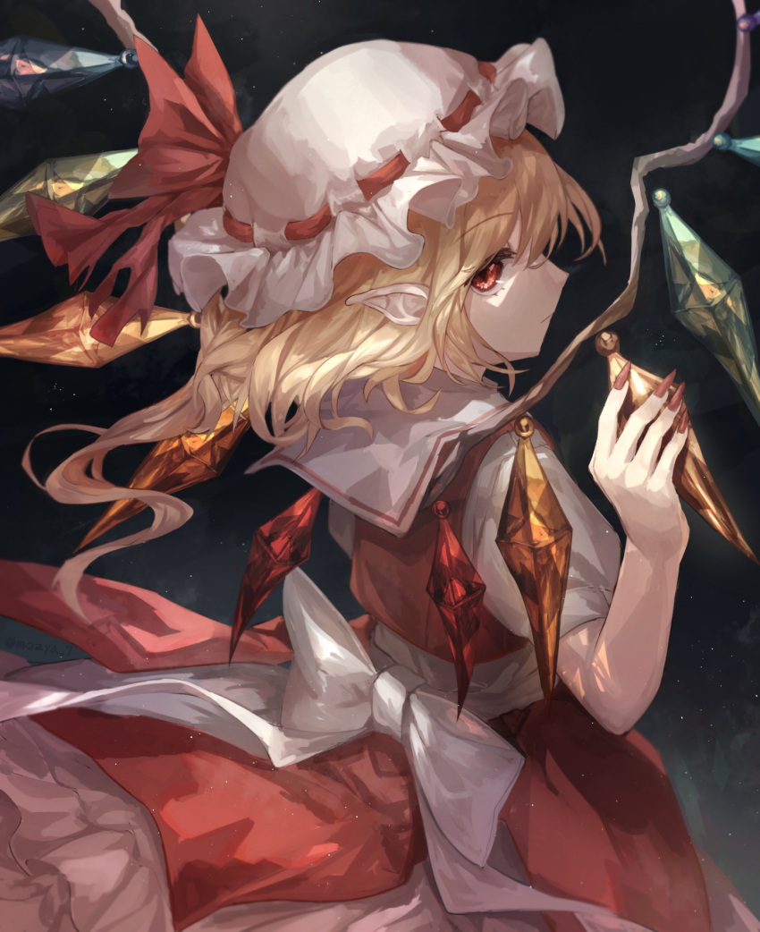 1girl bangs blonde_hair bow closed_mouth cowboy_shot crystal expressionless eyebrows_visible_through_hair fingernails flandre_scarlet floating_hair frilled_hat frilled_skirt frills from_behind hand_up hat hat_bow hat_ribbon highres holding light_particles long_fingernails looking_at_viewer looking_back medium_hair mob_cap mozuno_(mozya_7) one_side_up orange_eyes petticoat pointy_ears profile puffy_short_sleeves puffy_sleeves red_bow red_eyes red_nails red_ribbon red_skirt red_vest ribbon ribbon-trimmed_headwear ribbon_trim sailor_collar sash shirt short_sleeves sideways_glance skirt skirt_set slit_pupils solo touhou vest white_bow white_sash white_shirt wing_hold wings