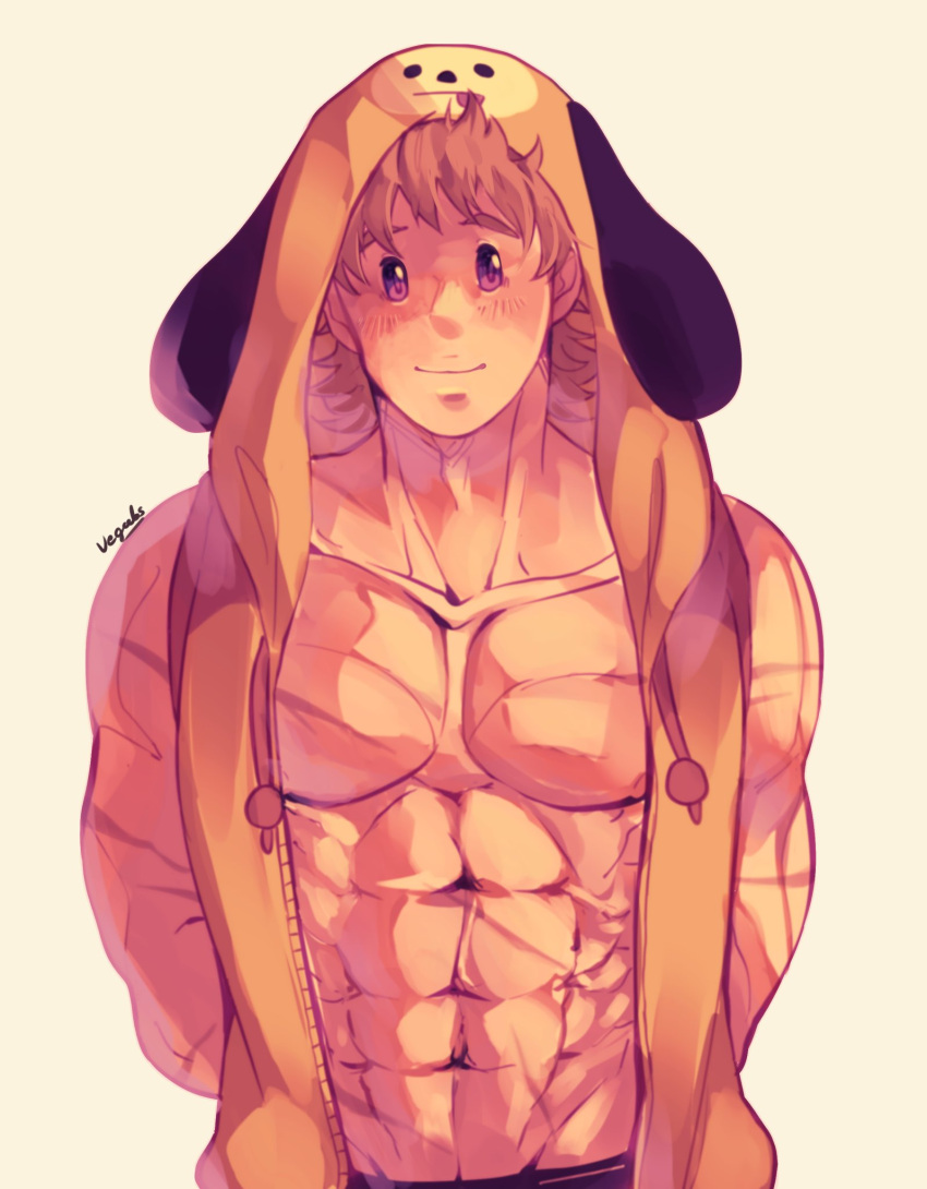 1boy abs addy_(@vegeebs) animal_costume bare_pecs bare_shoulders blonde_hair blue_eyes blush boku_no_hero_academia dog_costume highres looking_at_viewer male_focus muscular muscular_male navel nipples pectorals scar scar_on_arm scar_on_chest short_hair sleeveless sleeveless_jacket smile solo stomach togata_mirio upper_body