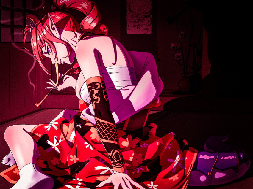 1girl arm_warmers bansei breasts commentary deep_skin dragon_horns dragon_tail floral_print from_side full_body hanging_scroll highres holding holding_pipe hololive horns indoors japanese_clothes kimono kiryuu_coco large_breasts looking_at_viewer medium_hair off_shoulder orange_hair pipe plant pointy_ears ponytail potted_plant profile red_kimono sarashi scroll scrunchie shadow sitting skindentation smoke socks solo tail violet_eyes virtual_youtuber white_footwear