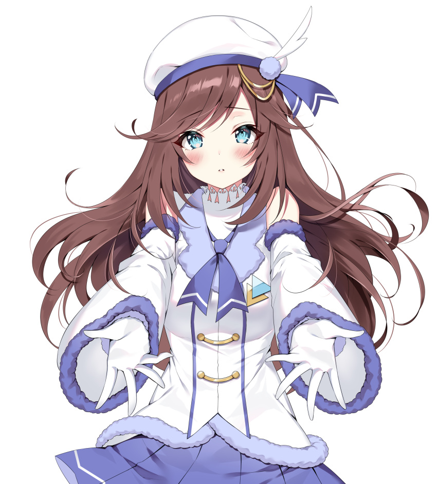 1girl absurdres bangs beret blue_eyes blue_neckwear blue_skirt blush brown_hair character_request coat commentary_request cowboy_shot eyebrows_visible_through_hair fur_trim gloves hair_ornament hat highres indie_virtual_youtuber long_hair looking_at_viewer official_art parted_lips pleated_skirt pom_pom_(clothes) rei_(kinokotype) simple_background skirt solo standing swept_bangs virtual_youtuber white_background white_coat white_gloves white_headwear