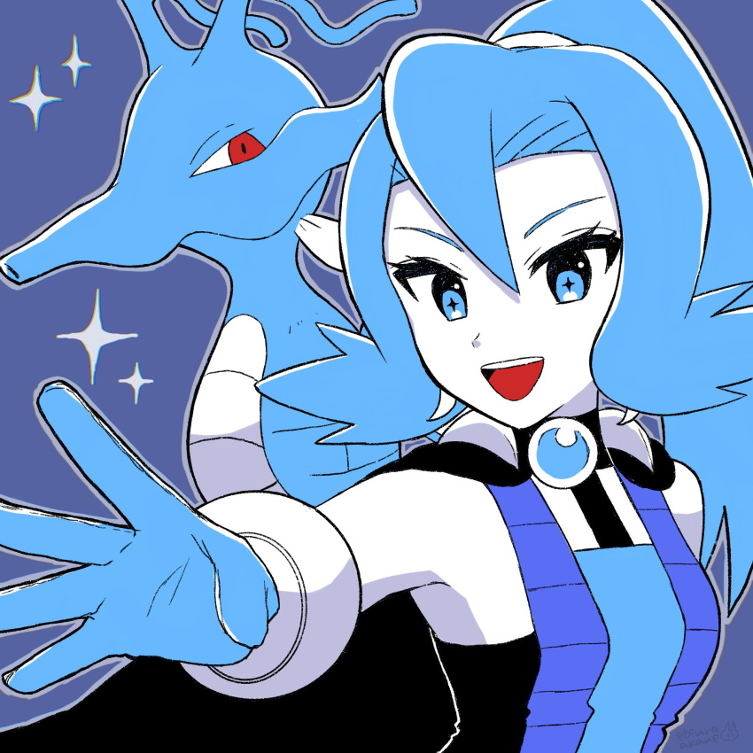 +_+ 1girl :d bangs black_cape blue_eyes blue_gloves blue_hair cape clair_(pokemon) commentary_request earrings ebiura_akane eyelashes gen_2_pokemon gloves grey_background gym_leader hair_between_eyes highres jewelry kingdra long_hair open_mouth outline pokemon pokemon_(creature) pokemon_(game) pokemon_hgss red_eyes smile sparkle teeth tongue