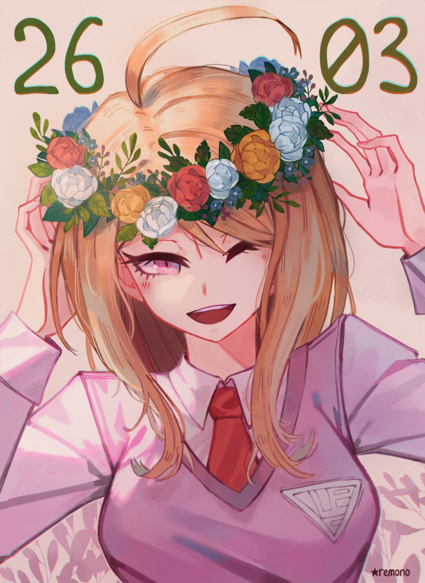 1girl :d ahoge akamatsu_kaede bangs blonde_hair breasts collared_shirt commentary dangan_ronpa_(series) dangan_ronpa_v3:_killing_harmony dated flower flower_wreath hair_ornament hands_up head_wreath highres large_breasts long_hair long_sleeves looking_at_viewer musical_note musical_note_hair_ornament necktie one_eye_closed open_mouth pink_eyes pink_flower pink_vest red_flower red_neckwear red_rose remonoart rose shirt smile solo twitter_username upper_body upper_teeth vest white_flower white_shirt yellow_flower