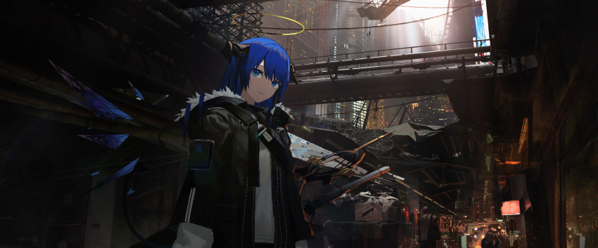1girl absurdres arknights asteroid_ill black_jacket blue_eyes blue_hair blue_wings cityscape commentary demon_horns detached_wings energy_wings fur-trimmed_hood fur-trimmed_jacket fur_trim halo highres hood horns jacket looking_at_viewer mostima_(arknights) open_clothes open_jacket outdoors scenery shirt short_hair smile solo_focus white_shirt wings