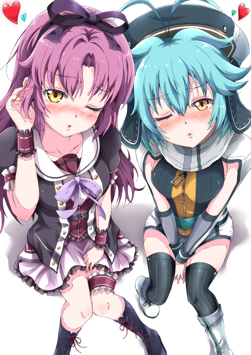 2girls absurdres arm_cutout bangs between_legs black_cardigan black_footwear black_legwear blue_headwear blue_jacket blush boots breasts cardigan commentary commission cross-laced_footwear eggman_(pixiv28975023) eiyuu_densetsu eyebrows_visible_through_hair frilled_skirt frills from_above hair_between_eyes hair_ribbon hand_between_legs hand_in_hair hat heart highres jacket knee_boots knees_together_feet_apart light_blue_hair long_hair looking_at_viewer millium_orion miniskirt multiple_girls neck_ribbon open_mouth orange_eyes orange_jacket parted_bangs pink_skirt puckered_lips purple_hair purple_ribbon purple_vest renne ribbon sailor_collar sen_no_kiseki sen_no_kiseki_iv short_hair short_shorts shorts sitting skeb_commission skirt small_breasts smile sora_no_kiseki thigh-highs thigh_strap thighs two-tone_jacket uniform vest white_footwear white_shorts wrist_cuffs yellow_eyes zettai_ryouiki zipper zipper_footwear