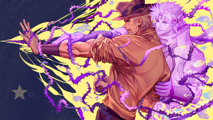 2boys absurdres arm_grab beard belt blue_eyes brown_headwear brown_shirt caesar_anthonio_zeppeli clenched_hand closed_mouth colored_skin dated energy facial_hair facial_mark feathers from_side ghost grey_hair hair_feathers hand_on_another's_arm hat headband hermit_purple highres jacket jojo_no_kimyou_na_bouken joseph_joestar light_smile looking_afar looking_ahead male_focus multiple_boys old old_man open_hand open_mouth outstretched_arm plant profile purple_skin scarf serious shirt short_hair short_sleeves stand_(jojo) star_(symbol) thorns triangle_print upper_body vines xinghui