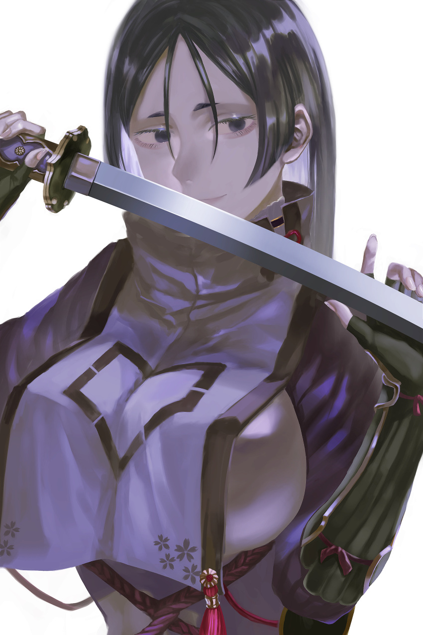 1girl absurdres armor bangs black_gloves bodysuit breasts elbow_gloves fate/grand_order fate_(series) fingerless_gloves gloves highres japanese_armor katana kote large_breasts long_hair looking_at_viewer minamoto_no_raikou_(fate) parted_bangs purple_bodysuit purple_hair ribbed_sleeves shiro_saki solo sword tabard tassel very_long_hair violet_eyes weapon