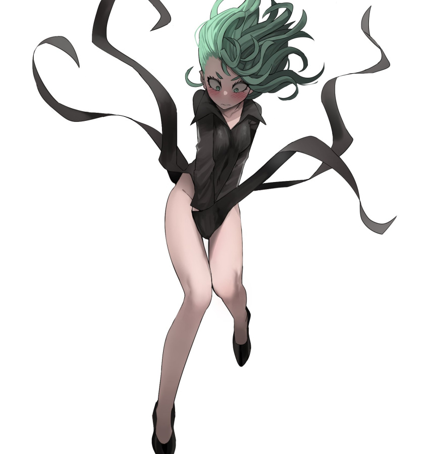 1girl bangs bare_legs between_legs black_dress black_footwear blush breasts closed_mouth collarbone covering covering_crotch curly_hair dress dress_lift dress_tug floating_hair full_body green_eyes green_hair groin hand_between_legs highres jourd4n leg_up long_sleeves looking_at_viewer looking_down no_panties one-punch_man pale_skin shoes simple_background small_breasts tatsumaki white_background