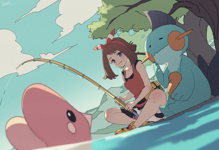 1girl bangs bare_arms bike_shorts blush bow_hairband brown_hair closed_mouth clouds collarbone commentary_request day fanny_pack fishing fishing_rod from_below gen_3_pokemon hairband hari611 highres holding holding_fishing_rod indian_style looking_at_viewer luvdisc marshtomp may_(pokemon) medium_hair outdoors pokemon pokemon_(creature) pokemon_(game) pokemon_oras red_hairband red_shirt shirt shoes shorts sitting sky sleeveless sleeveless_shirt smile tree water