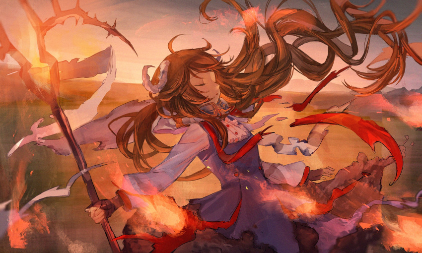 1girl arknights brown_hair closed_eyes commentary_request dress eyjafjalla_(arknights) fire hand_wraps highres holding holding_staff horns jfjf long_hair long_sleeves originium_arts_(arknights) purple_dress sheep_girl sheep_horns solo staff white_sleeves