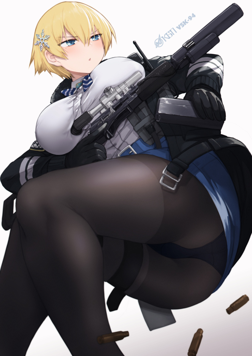 1girl bangs belt black_gloves black_jacket black_legwear blonde_hair blue_belt blue_eyes blue_neckwear blue_skirt breasts collared_shirt eyebrows_visible_through_hair girls_frontline gloves hair_between_eyes hair_ornament highres jacket large_breasts laser_sight light_blush looking_to_the_side magazine_(weapon) mishima_hiroji mole mole_under_eye open_mouth panties panties_under_pantyhose pantyhose radio ribbon scope shell_casing shirt shirt_tucked_in short_hair sidelocks skirt snap-fit_buckle snowflake_hair_ornament solo striped striped_neckwear suppressor taut_clothes taut_skirt underwear vsk-94 vsk-94_(girls_frontline) white_shirt