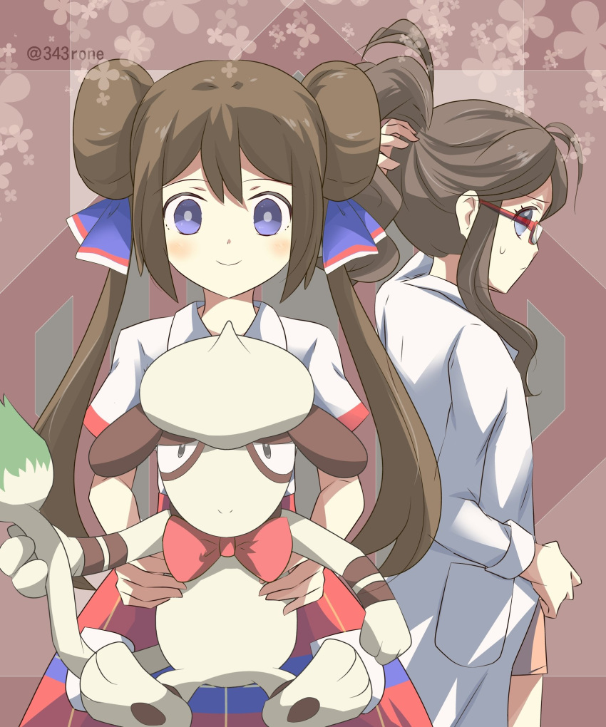 2girls 343rone artist_name bangs bespectacled blush brown_hair closed_mouth commentary_request double_bun eyelashes gen_2_pokemon glasses high_ponytail highres hilda_(pokemon) holding holding_pokemon labcoat long_hair looking_at_viewer looking_back multiple_girls official_alternate_costume pokemon pokemon_(creature) pokemon_(game) pokemon_bw pokemon_bw2 pokestar_studios rosa_(pokemon) short_sleeves sidelocks smeargle smile sweatdrop twintails violet_eyes watermark