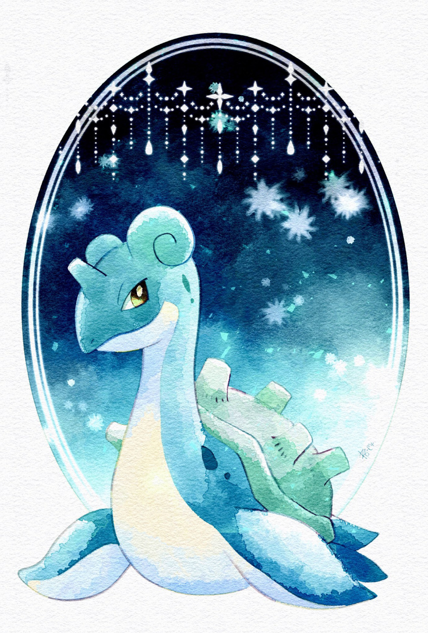 closed_mouth full_body gen_1_pokemon highres horns lapras looking_to_the_side neejyu no_humans pokemon pokemon_(creature) signature single_horn smile solo yellow_eyes