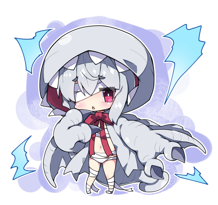 1girl bandage_over_one_eye bandaged_leg bandages bangs blush bow chibi claws commentary dragon_wings eyebrows_visible_through_hair full_body grey_wings hair_between_eyes hood hood_up khezu milkpanda monster_hunter navel parted_lips personification red_bow red_eyes silver_hair solo standing thick_eyebrows wings