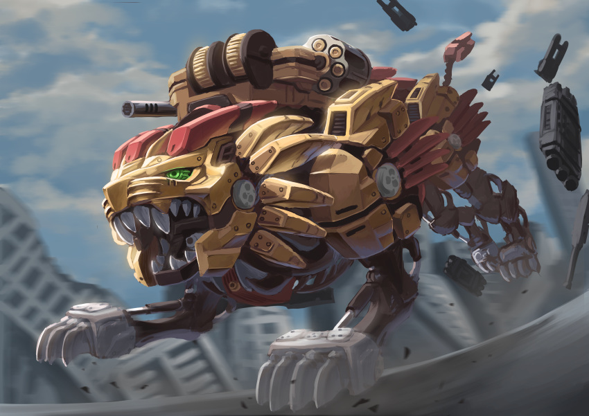 absurdres alkham clouds glowing glowing_eyes highres looking_ahead mecha no_humans open_mouth rising_liger ruins running science_fiction sharp_teeth sky solo teeth zoids zoids_wild zoids_wild_zero