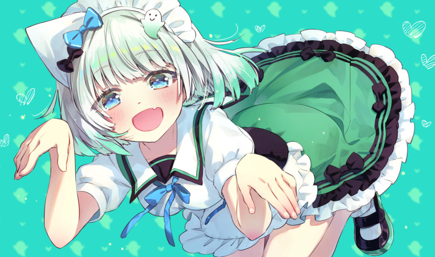 1girl :d bangs black_bow blue_bow blue_eyes blue_neckwear blunt_bangs blush bob_cut bobby_socks bow breasts character_request collarbone commission eyebrows_visible_through_hair fang ghost_hair_ornament green_background green_skirt hair_bow indie_virtual_youtuber light_green_hair maid_headdress mary_janes open_mouth petticoat puffy_short_sleeves puffy_sleeves shirt shoes short_hair short_sleeves simple_background skeb_commission skin_fang skirt small_breasts smile socks solo syuri22 triangular_headpiece virtual_youtuber white_headwear white_shirt
