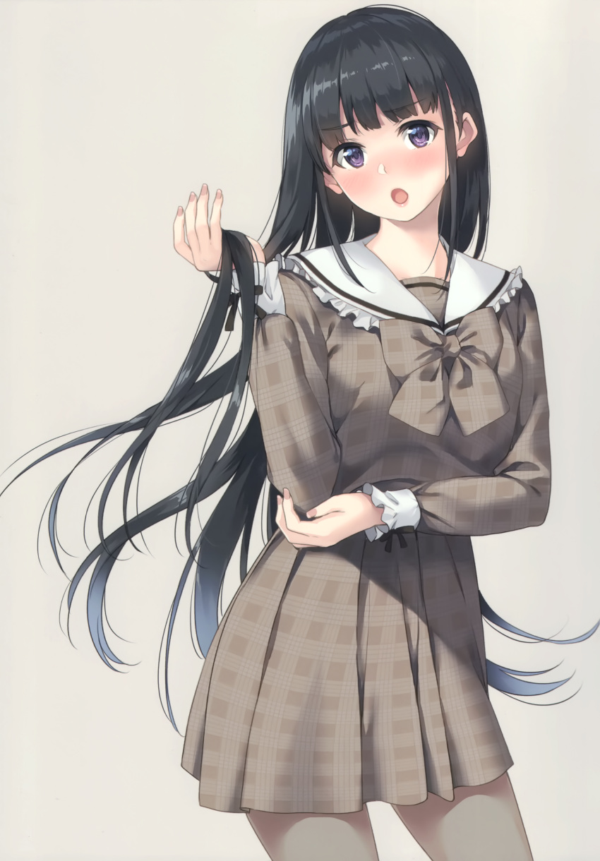 1girl absurdres bangs black_hair blush bow crossed_arms detached_sleeves dress eyebrows_visible_through_hair fingernails frills grey_background head_tilt highres holding lips long_sleeves looking_at_viewer open_mouth original pantyhose scan shiny shiny_hair short_dress simple_background skirt solo unasaka_ryou violet_eyes