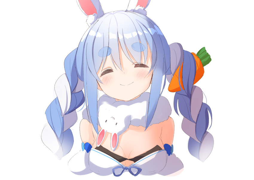 1girl ^_^ ame. animal_ear_fluff animal_ears bangs bare_shoulders black_leotard blue_hair blush braid breasts carrot_hair_ornament closed_eyes closed_mouth commentary_request cropped_torso don-chan_(usada_pekora) dress eyebrows_visible_through_hair facing_viewer food_themed_hair_ornament hair_between_eyes hair_ornament highres hololive leotard long_hair medium_breasts multicolored_hair puffy_sleeves rabbit_ears short_eyebrows sidelocks simple_background smile strapless strapless_dress strapless_leotard thick_eyebrows twin_braids twintails two-tone_hair upper_body usada_pekora virtual_youtuber white_background white_dress white_hair white_sleeves