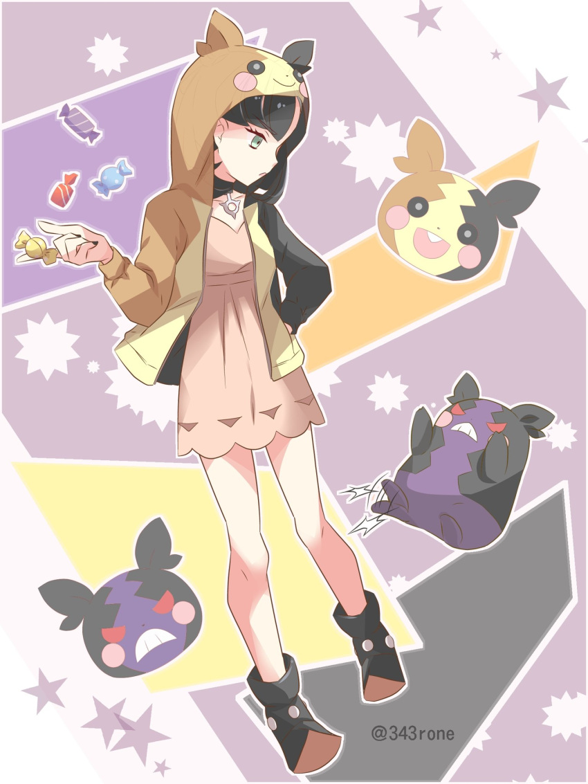 1girl 343rone ankle_boots artist_name black_choker black_footwear black_hair black_nails boots candy_wrapper character_print choker commentary_request dress full_body gen_8_pokemon green_eyes highres hood hood_up hooded_jacket jacket knees marnie_(pokemon) morpeko morpeko_(full) morpeko_(hangry) motion_lines nail_polish open_clothes open_jacket outline pink_dress pokemon pokemon_(creature) pokemon_(game) pokemon_swsh star_(symbol) watermark