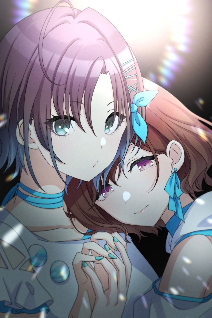 2girls absurdres ahoge artist_request asakura_tooru blue_hair blue_nails bow brown_hair commentary_request earrings film_grain gradient_hair green_eyes hair_bow hair_ornament hairclip hands_together highres higuchi_madoka idolmaster idolmaster_shiny_colors jewelry looking_at_viewer mole mole_under_eye multicolored_hair multiple_girls short_hair upper_body violet_eyes