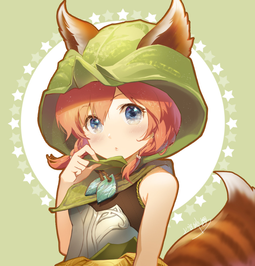 1girl animal_ears armor bangs bare_shoulders blue_eyes blush breastplate brown_hair character_request closed_mouth commentary_request defense_of_the_ancients dota_2 ears_through_headwear eyebrows_visible_through_hair green_background hair_between_eyes hood hood_up jokanhiyou long_hair looking_at_viewer signature solo starry_background striped_tail tail two-tone_background upper_body white_background