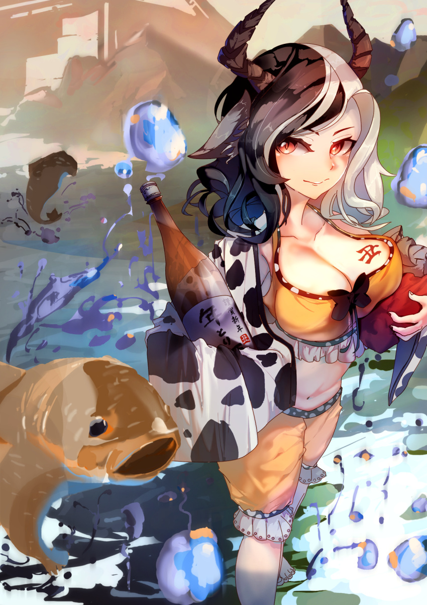 1girl alcohol animal_ears animal_print bangs barefoot black_hair blush bottle breast_lift breasts carrying cow_ears cow_horns cow_print crop_top fingernails fish frilled_shirt frilled_shorts frills haori highres holding holding_bottle horns japanese_clothes large_breasts long_sleeves looking_at_viewer looking_to_the_side medium_hair multicolored_hair navel parted_bangs red_eyes red_nails ririri shirt shorts slit_pupils solo statue stomach tank_top toenails toes touhou two-tone_hair ushizaki_urumi white_hair wide_sleeves yellow_shorts yellow_tank_top