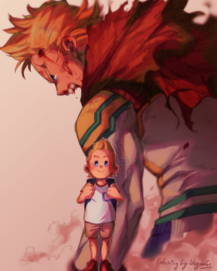 1boy addy_(@vegeebs) age_progression beige_shorts blonde_hair blood blood_on_face blue_eyes blush bodysuit boku_no_hero_academia cape child colorized fighting_stance from_behind full_body highres horikoshi_kouhei male_focus messy_hair muscular muscular_male open_mouth serious shirt short_hair shouting smile spiky_hair togata_mirio torn_cape torn_clothes white_bodysuit white_shirt