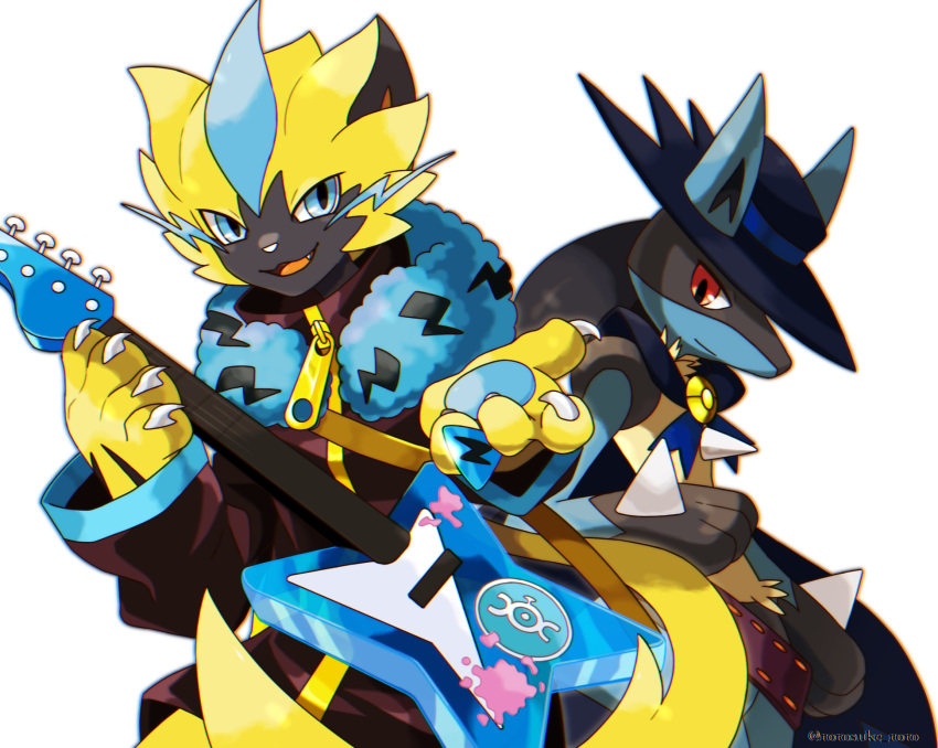 2boys :3 animal_ears artist_name black_fur blue_eyes blue_fur blue_headwear brown_coat cat_boy cat_ears cat_tail chromatic_aberration claws closed_mouth clothed_pokemon coat commentary_request cosplay ears_through_headwear electric_guitar fang fur_collar furry gen_1_pokemon gen_4_pokemon gen_7_pokemon guitar hands_up happy hat highres holding holding_instrument instrument legendary_pokemon lightning_bolt lightning_bolt_print long_sleeves looking_at_viewer lucario magnemite male_focus multiple_boys mythical_pokemon open_mouth pawpads paws plectrum poke_ball_symbol poke_ball_theme pokemon pokemon_(anime) pokemon_(creature) pokemon_m08 pokemon_rse_(anime) reaching_out red_eyes rorosuke sideways_mouth simple_background sir_aaron sir_aaron_(cosplay) smile spikes splatter standing tail transparent twitter_username two-tone_fur watermark whiskers white_background wolf_boy wolf_ears yellow_fur zeraora zipper_pull_tab