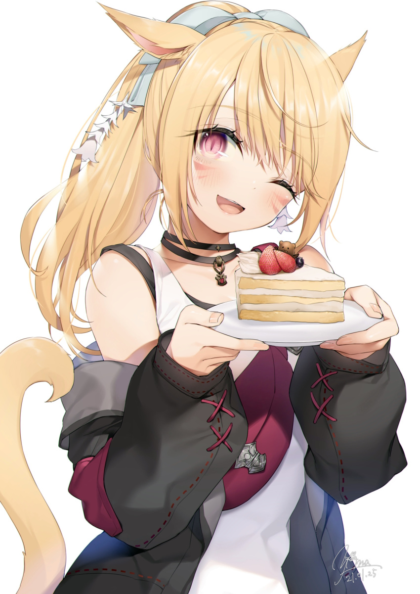 1girl ;d animal_ears bag blonde_hair blush cake cat_ears cat_tail commentary commentary_request eyebrows_visible_through_hair facial_mark final_fantasy final_fantasy_xiv food fruit hair_ornament hair_ribbon highres holding holding_food jacket jewelry looking_at_viewer miqo'te necklace off_shoulder one_eye_closed open_mouth pink_eyes plate ponytail ribbon shoulder_bag simple_background smile solo strawberry tail upper_body white_background yana_mori