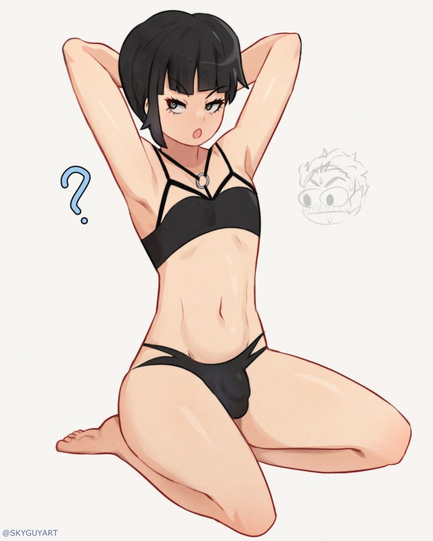 1boy 2boys absurdres androgynous armpits bangs bikini black_hair blue_eyes blush bowl_cut collarbone eyelashes highres looking_at_viewer male_focus multiple_boys navel otoko_no_ko protagonist_(smtv) shin_megami_tensei shin_megami_tensei_v short_hair simple_background sky_guy_art swimsuit