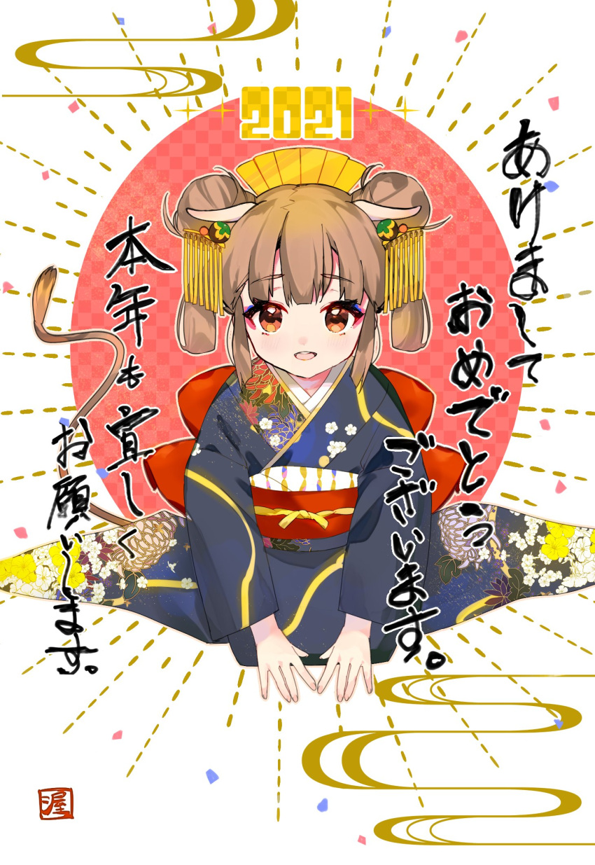 1girl :d akeome atsumi_jun blue_kimono brown_eyes brown_hair chinese_zodiac cow_horns cow_tail double_bun fingernails happy_new_year highres horns japanese_clothes kimono long_sleeves looking_at_viewer new_year obi open_mouth original red_sash sash seiza sitting smile solo tail year_of_the_ox
