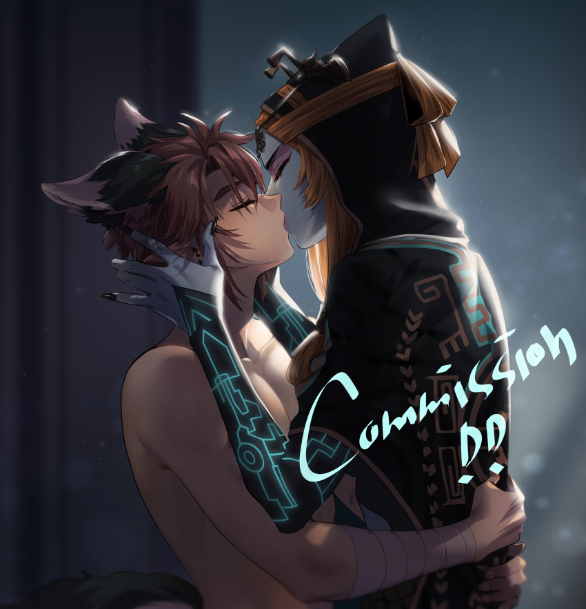 1boy 1girl absurdres animal_ears bandaged_arm bandages black_cloak blurry blurry_background brown_hair cloak closed_eyes collarbone colored_skin commentary_request commission depth_of_field from_side hands_on_another's_head hetero highres hood hood_up kiss link long_hair midna midna_(true) ninto orange_hair pointy_ears shirtless tail the_legend_of_zelda the_legend_of_zelda:_twilight_princess wolf_boy wolf_ears wolf_tail