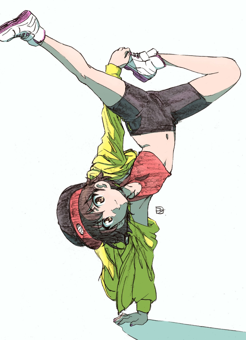 1girl artist_name bad_id bad_twitter_id bangs baseball_cap bike_shorts black_headwear black_shorts breakdance brown_eyes brown_hair casual closed_mouth commentary crop_top erakin eyebrows_visible_through_hair girls_und_panzer handstand hat highres isobe_noriko jacket long_sleeves looking_at_viewer midriff navel no_socks red_shirt shadow shirt shoes short_hair short_shorts shorts signature simple_background sketch smile sneakers solo tank_top traditional_media white_background white_footwear yellow_jacket