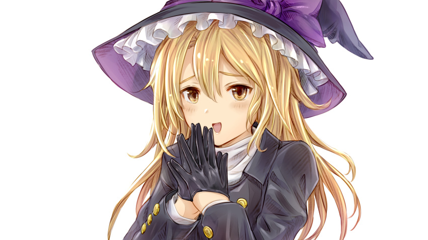 1girl androgynous bangs black_dress black_gloves black_headwear blonde_hair blouse bow collared_dress commentary_request cookie_(touhou) dress frilled_hat frills gloves hair_between_eyes hat hat_bow highres ketsuholdes kirisame_marisa long_hair long_sleeves looking_at_viewer open_mouth own_hands_together purple_bow rei_(cookie) solo touhou transparent_background upper_body white_blouse witch_hat yellow_eyes