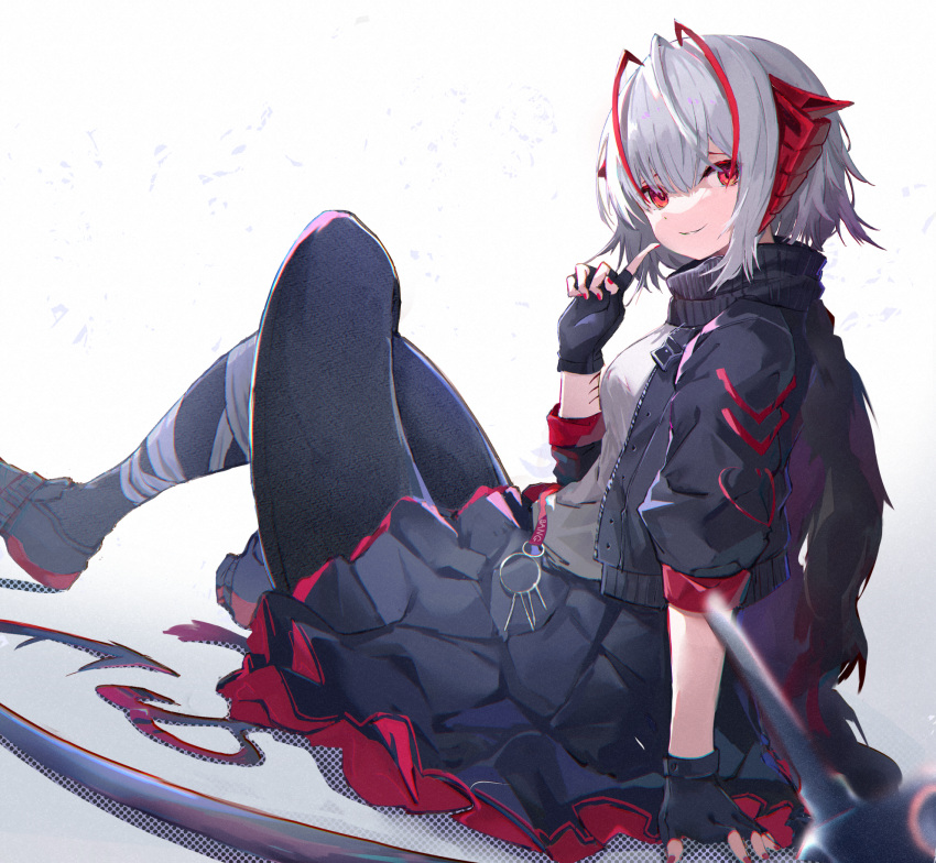 1girl arknights arm_support bangs black_footwear black_gloves black_jacket black_legwear black_skirt blurry blurry_foreground breasts depth_of_field eyebrows_behind_hair fingerless_gloves fujimaki_nora gloves grey_hair grey_shirt hair_between_eyes headgear highres jacket knees_up long_hair looking_at_viewer looking_to_the_side medium_breasts multicolored_hair nail_polish open_clothes open_jacket pantyhose pleated_skirt red_eyes red_nails redhead shirt shoes sitting skirt solo streaked_hair very_long_hair w_(arknights)