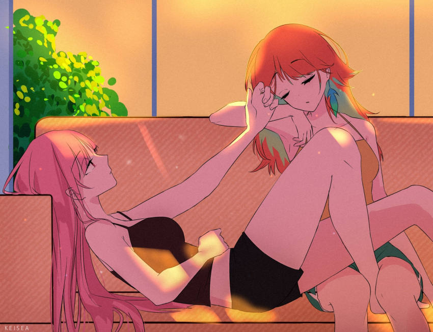 2girls breasts collarbone couch earrings english_commentary evening eyebrows_visible_through_hair hand_on_another's_head highres hololive hololive_english jewelry keisea long_hair mori_calliope multicolored_hair multiple_girls pink_hair relaxing shorts sleeping spaghetti_strap takanashi_kiara tree two-tone_hair yuri