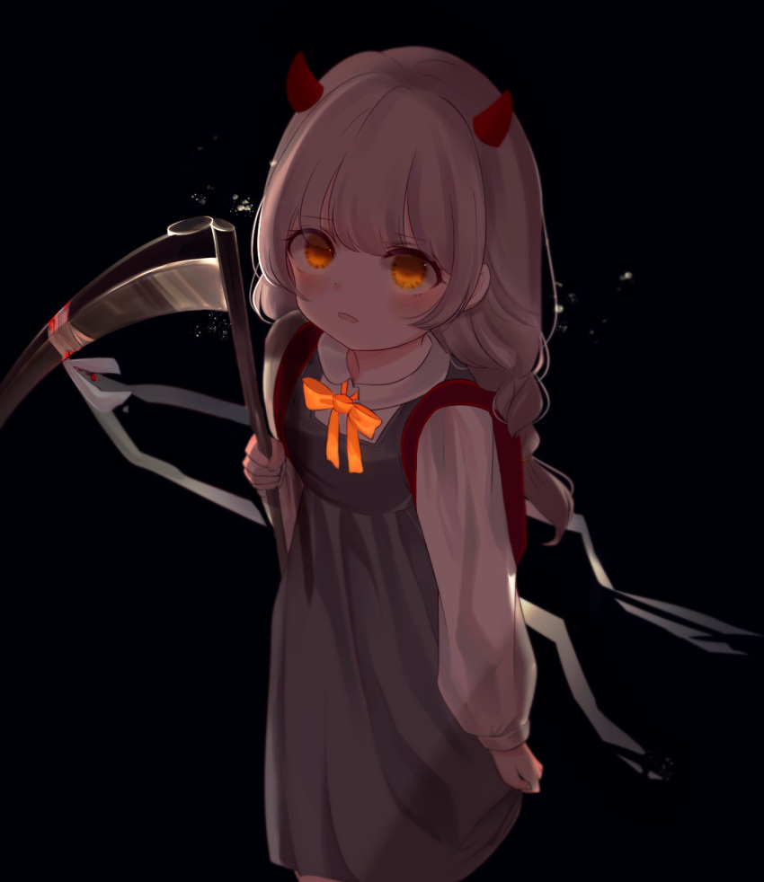 1girl bandages bangs black_background blood bloody_weapon blush bow bowtie child demon_girl demon_horns dress eyebrows_visible_through_hair flat_chest grey_hair highres holding holding_weapon horns long_hair looking_at_viewer open_mouth orange_bow orange_eyes orange_neckwear original parted_lips red_horns ribbon scythe sidelocks simple_background uniform weapon white_ribbon whitebc yandere