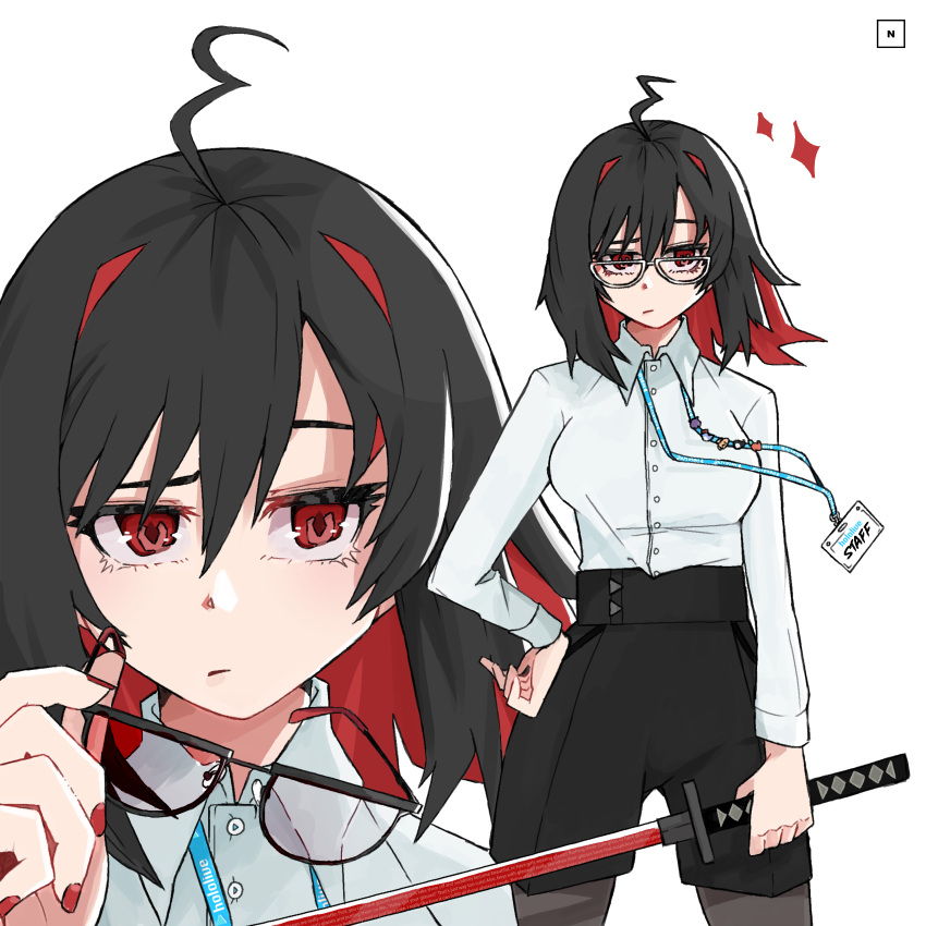 1girl absurdres ahoge black-framed_eyewear black_hair black_legwear breasts closed_mouth collared_shirt enma-chan glasses hand_on_hip highres holding holding_sword holding_weapon hololive hololive_english katana lanyard large_breasts long_sleeves looking_at_viewer nicosarea pantyhose red_eyes red_nails redhead shirt short_hair skort solo sword weapon white_shirt