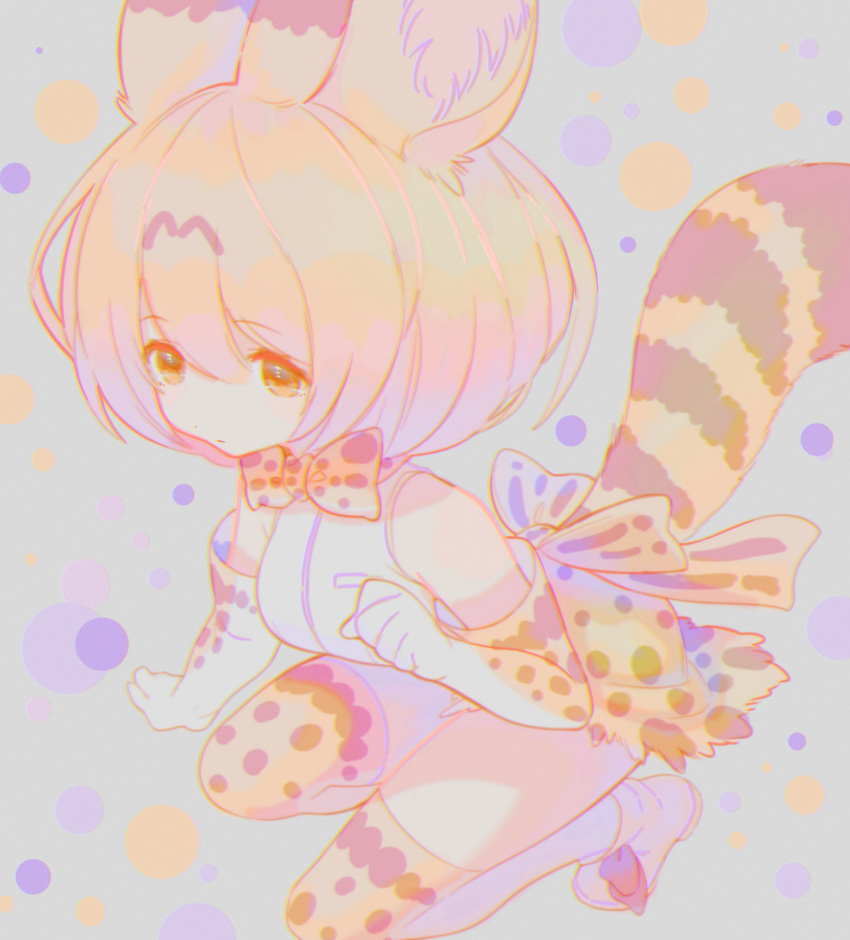 1girl absurdres animal_ear_fluff animal_ears bangs blonde_hair bow bowtie breasts brown_eyes clenched_hand elbow_gloves eyebrows_visible_through_hair gloves highres kemono_friends looking_down medium_breasts notora serval_(kemono_friends) serval_ears serval_print serval_tail short_hair solo squatting tail thigh-highs