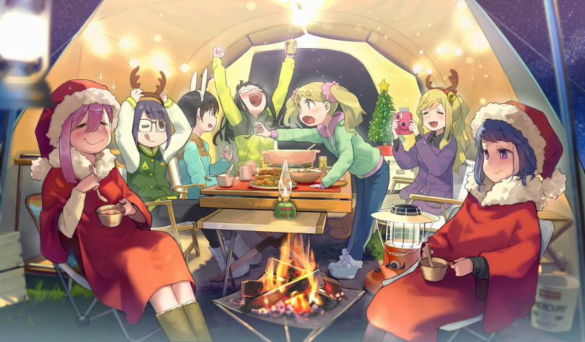 6+girls :d :t ;q absurdres adjusting_clothes adjusting_headwear animal_ears antlers arms_up bangs beer_can bell black-framed_eyewear black_hair black_pants blue_coat blue_hair blue_pants blurry_foreground boots bowl brown_footwear camera camping can chair christmas clenched_hand closed_mouth coat commentary cup denim drunk eating english_text eyebrows_visible_through_hair fake_antlers fang fire folding_chair folding_table frown glasses green_eyes green_jacket grey_footwear hair_bell hair_ornament hair_scrunchie hat highres holding holding_bowl holding_camera holding_can holding_spoon inuyama_akari inuyama_aoi jacket jeans kagamihara_nadeshiko lamp leaning_forward letterman_jacket light_brown_hair looking_at_another minawa multiple_girls night one_eye_closed oogaki_chiaki opaque_glasses open_mouth outdoors pants pink_hair pink_scrunchie plate poncho rabbit_ears reaching rectangular_eyewear red_coat red_headwear reindeer_antlers saitou_ena santa_costume santa_hat scrunchie shima_rin short_hair siblings side_ponytail sisters sitting skin_fang smile sparkle spoon standing table taking_picture tent toba_minami tongue tongue_out twintails violet_eyes white_footwear yurucamp zipper