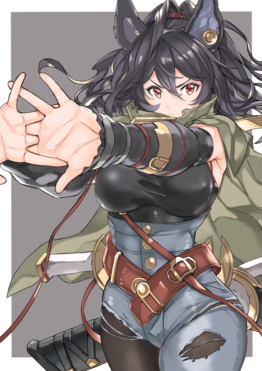 1girl absurdres animal_ears black_hair breasts cape denim erune granblue_fantasy highres holster ilsa_(granblue_fantasy) jeans large_breasts long_hair mika_(gbf) pants pantyhose ponytail red_eyes stretch torn_clothes torn_jeans torn_pants